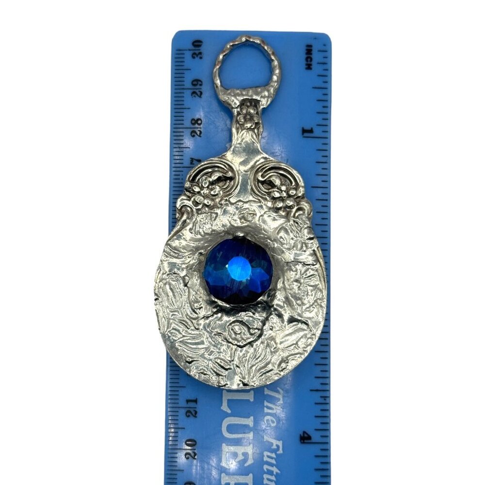 Vintage Daisy 1910 Silver Plated Spoon Pendant Necklace W/ Blue Crystal & Suede - Picture 6 of 12